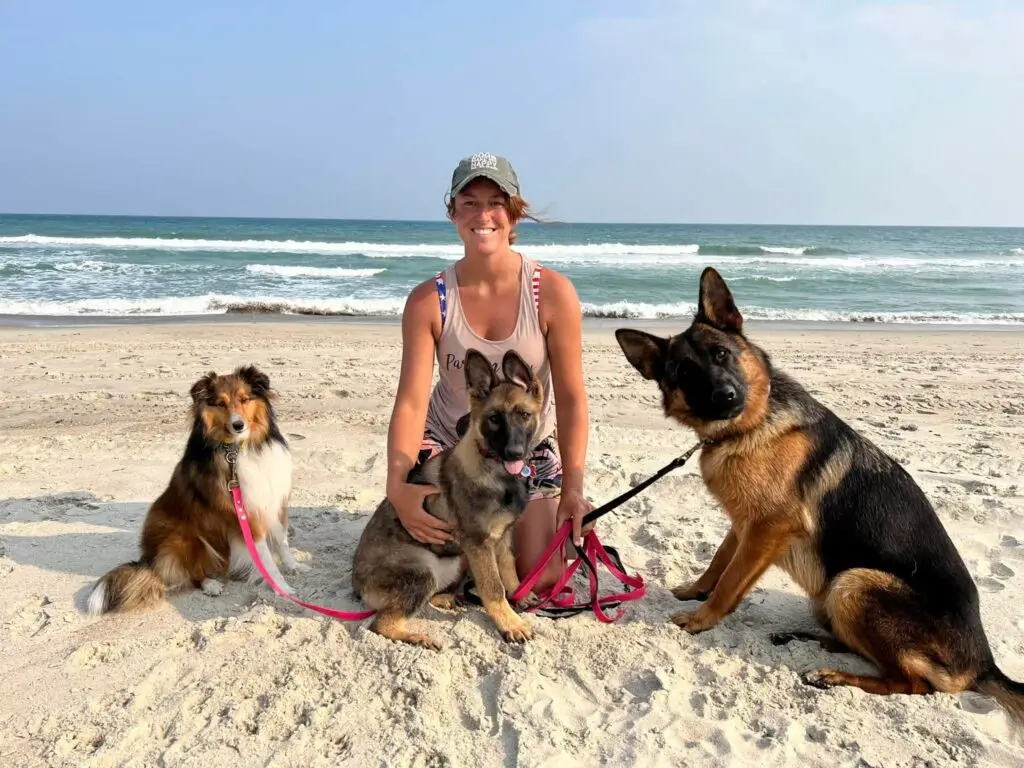 wild child dog training trainer posing with three dogs on beach